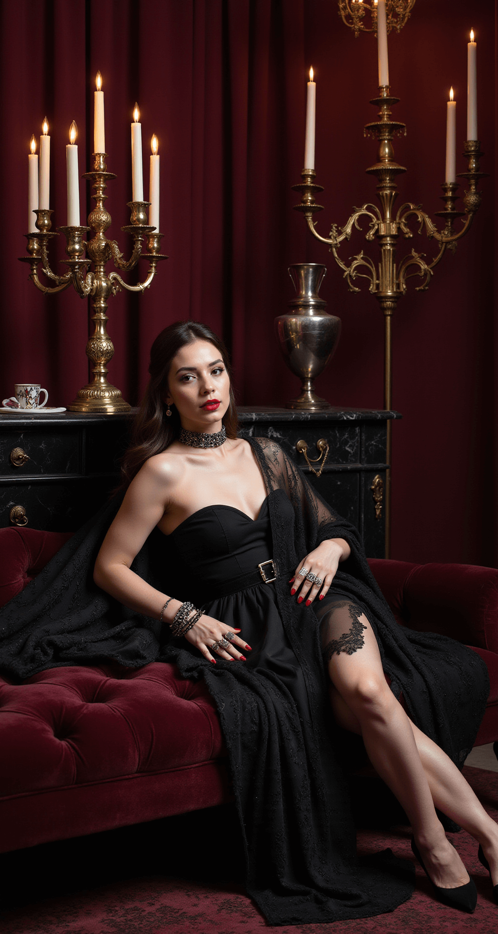 How to Rock a Black Dress Halloween Costume: Your Ultimate Guide to Easy & Stunning Transformations A gothic-inspired bedroom featuring a deep burgundy velvet chaise lounge adorned with a black cocktail dress and vintage accessories, with candelabras casting dramatic shadows. A sheer black cape trails alongside, and a side table displays red lipstick and faux fangs on black marble. Professional lighting highlights the luxurious textures.