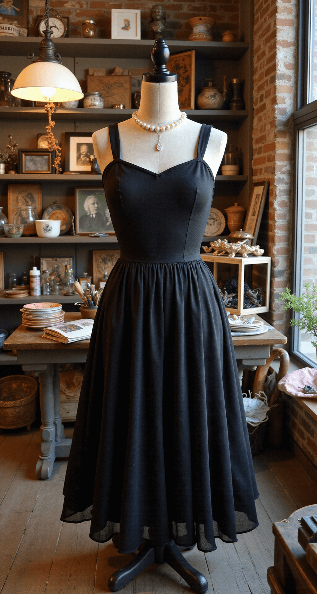 How to Rock a Black Dress Halloween Costume: Your Ultimate Guide to Easy & Stunning Transformations A cozy thrift store interior featuring a black dress on an antique dress form surrounded by vintage accessories, pearls, and costume jewelry, with DIY craft supplies and handmade wings arranged in a flat lay composition. The warm ambient lighting enhances the budget-friendly Halloween transformation atmosphere.