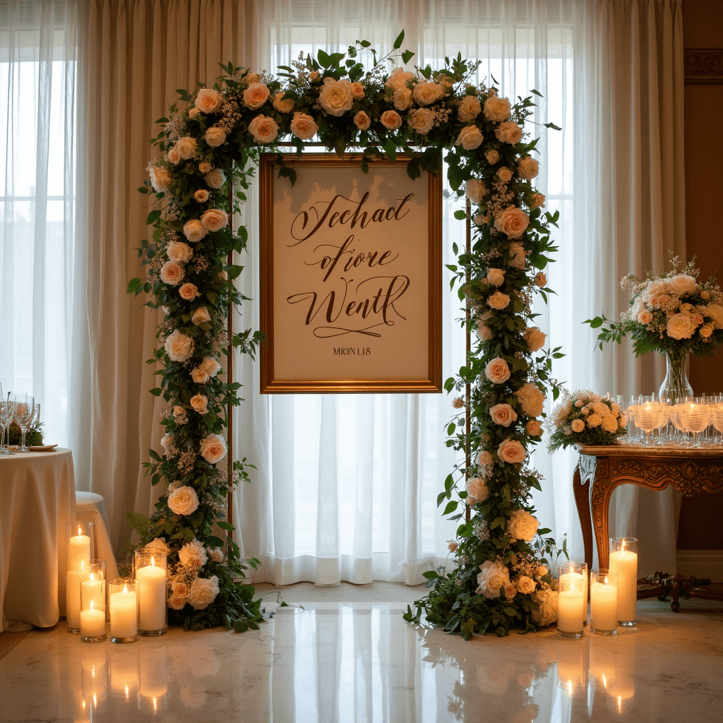 Wedding Welcome Sign Flowers: Creating the Perfect First Impression A grand ballroom entrance featuring a floral wedding welcome sign in an ornate gold frame, surrounded by blush roses, white peonies, and eucalyptus, with floating candles on the marble floor and hand-lettered place cards on a vintage console table.