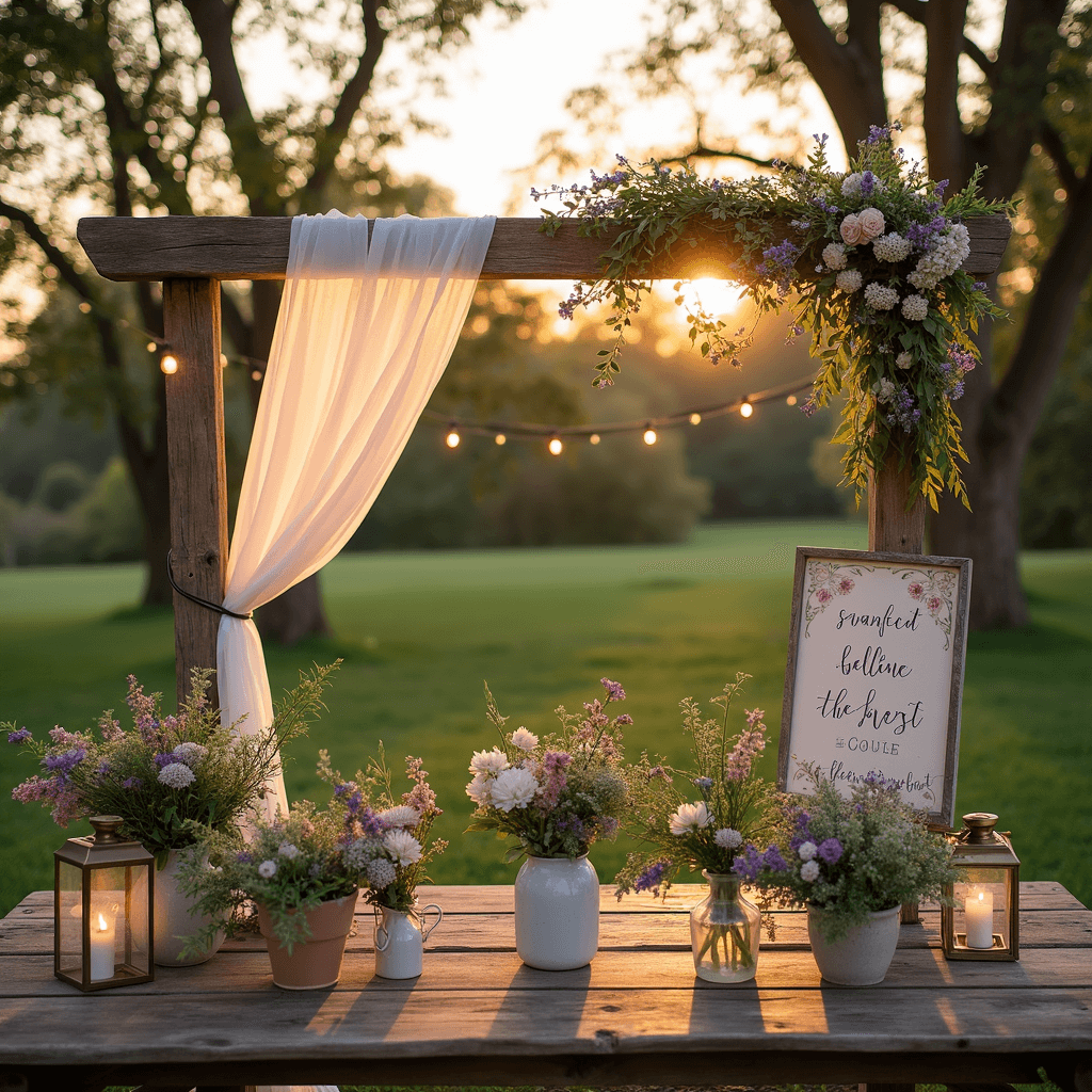 Wedding Welcome Sign Flowers: Creating the Perfect First Impression An intimate backyard wedding scene at golden hour, featuring a rustic wooden arch draped in chiffon and wildflowers, a hand-painted welcome sign, potted herbs, vintage lanterns, twinkling fairy lights, and a weathered farm table adorned with antique vases of freshly picked blooms.