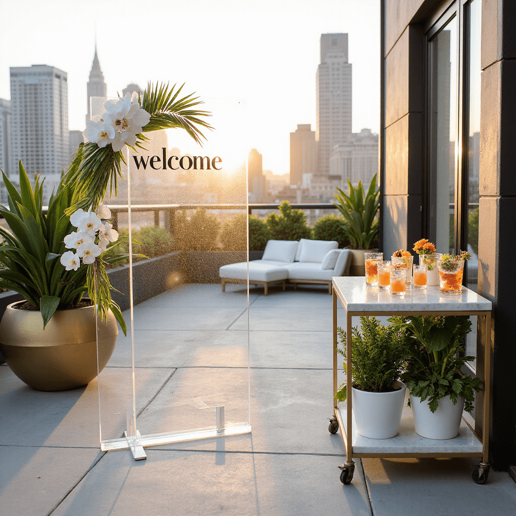 Wedding Welcome Sign Flowers: Creating the Perfect First Impression A modern rooftop terrace wedding setup featuring a sleek acrylic welcome sign with white orchids and monstera leaves, overlooking a city skyline at sunrise, with minimalist lounge furniture, gold planters, and a marble bar cart displaying signature cocktails.