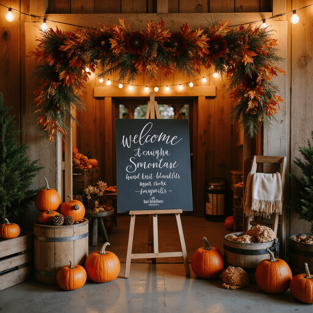 Wedding Welcome Sign Flowers: Creating the Perfect First Impression Cozy autumn barn wedding entrance adorned with string lights, a chalkboard welcome sign on an antique easel, surrounded by a garland of burgundy dahlias, orange maple leaves, and pampas grass, with wooden crates of heirloom pumpkins, a vintage ladder of hand-knit blankets, and a hot cider station.