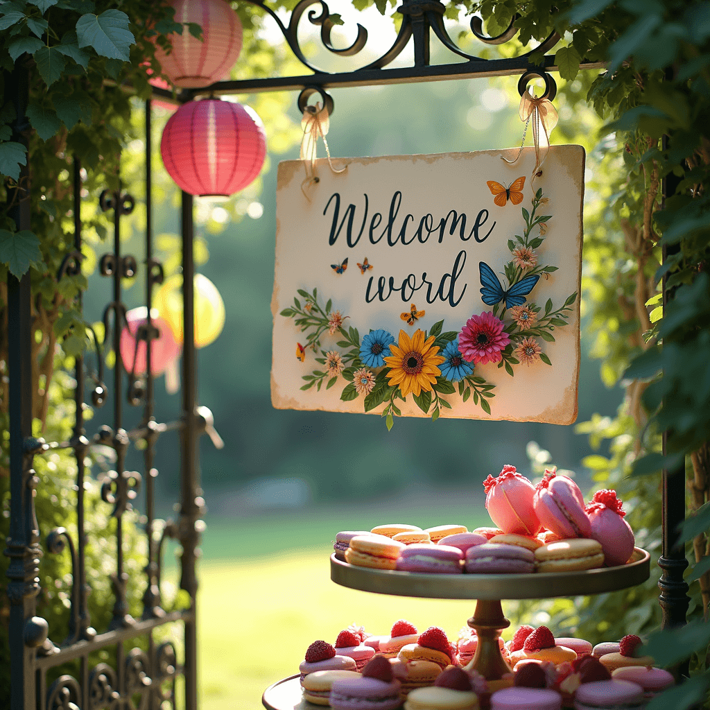 Wedding Welcome Sign Flowers: Creating the Perfect First Impression A whimsical garden party wedding scene featuring an ornate wrought-iron gate with a handcrafted welcome sign, adorned with a butterfly-themed floral arrangement. Colorful paper lanterns sway overhead, while a dessert cart in the foreground is filled with pastel macarons and fresh berries, bathed in dappled afternoon sunlight.