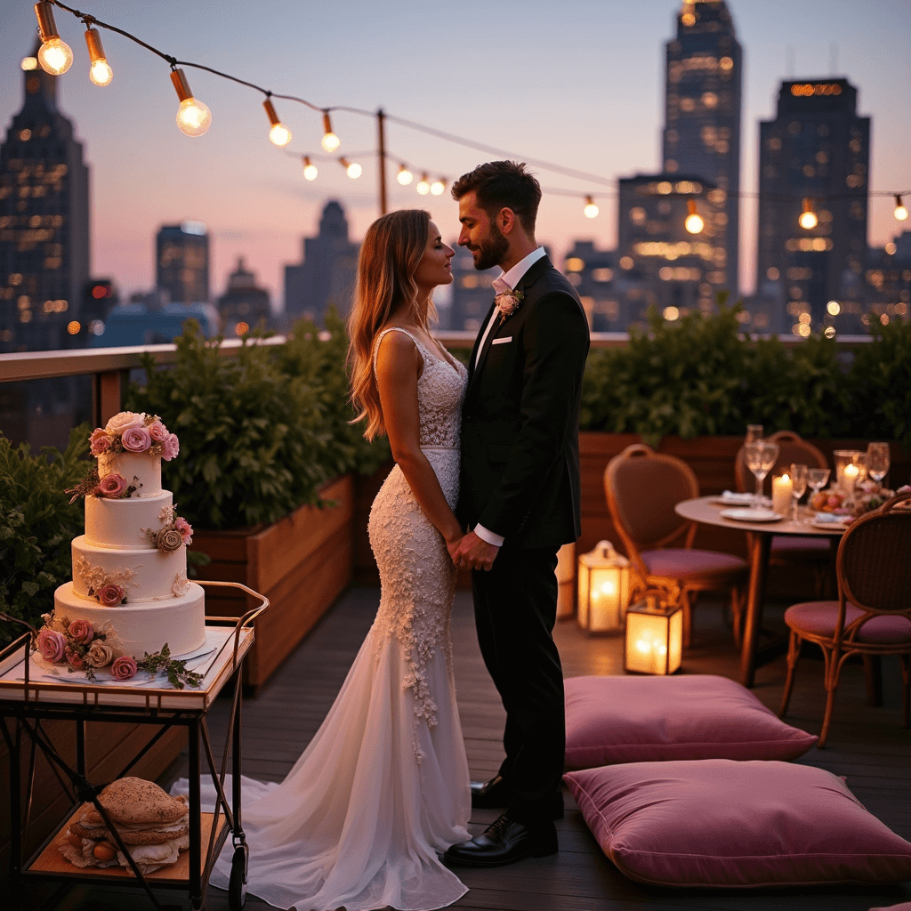 Floral Wedding Dresses: Blooming with Bridal Beauty An intimate rooftop terrace wedding at twilight, featuring a bride in a mermaid gown with floral appliqués, surrounded by fairy lights and cozy seating. A dessert cart displays a tiered naked cake with fresh flowers, set against a vibrant city skyline at dusk.