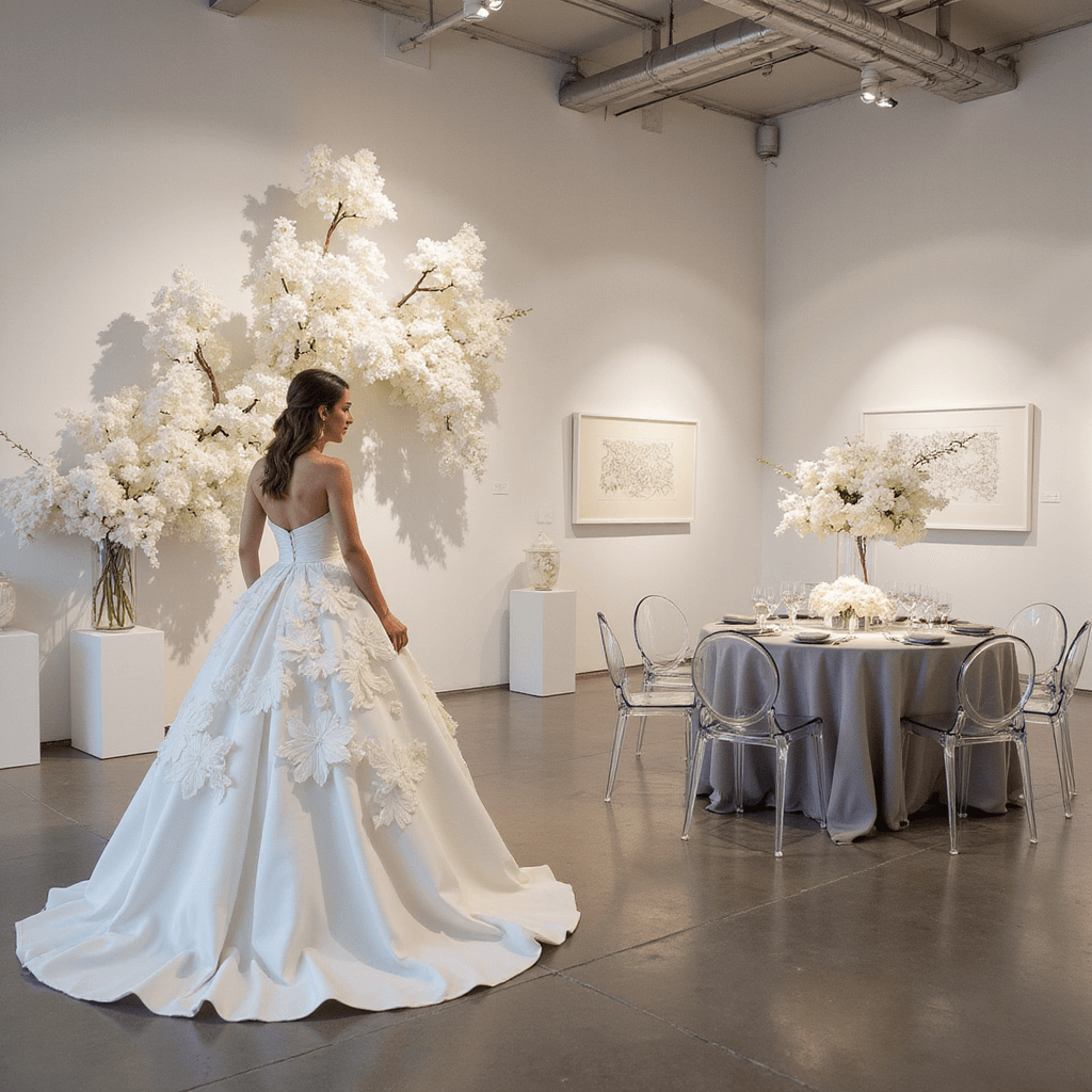 Floral Wedding Dresses: Blooming with Bridal Beauty A minimalist wedding in a modern art gallery features a bride in a structured ball gown adorned with oversized white floral appliqués, surrounded by sleek decor including ghost chairs, dove grey silk-draped tables, and dramatic single-stem floral arrangements, all highlighted by soft uplighting and a backdrop of cascading white flowers.