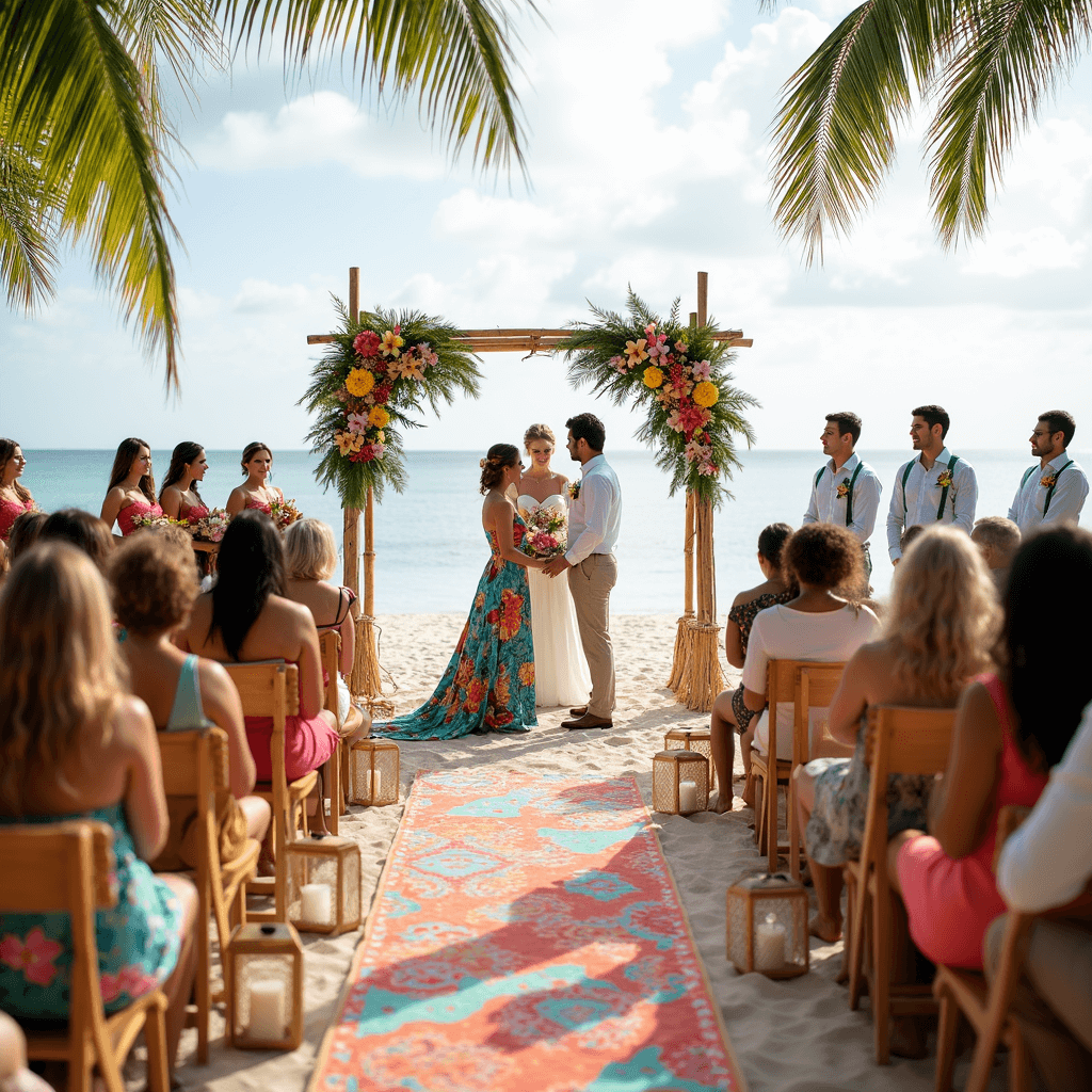 Floral Wedding Dresses: Blooming with Bridal Beauty A vibrant beachfront wedding celebration featuring a bride in a colorful botanical print dress, a bamboo ceremony arch adorned with tropical flowers, natural wood benches with ikat fabrics, tiki torches, and a lively color palette of turquoise, coral, and sunny yellow.