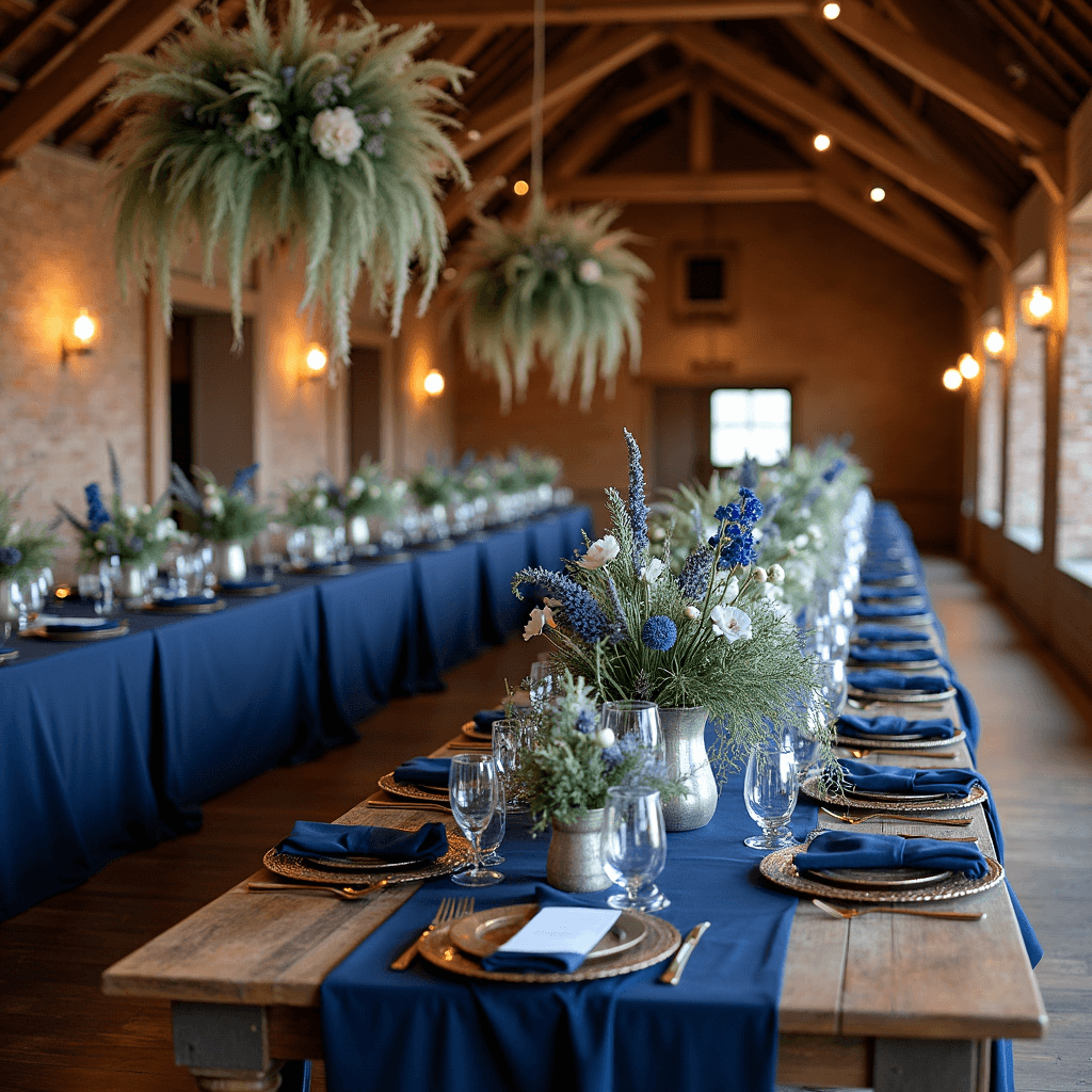 Blue Wedding Flowers: Your Ultimate Style Guide to Serene & Stunning Blooms A transformed rustic barn for a winter wedding, featuring long wooden tables draped in rich navy linens, adorned with low floral arrangements of blue delphiniums, thistles, and white anemones in vintage silver vases. Velvet navy napkins and gold flatware enhance the luxe ambiance, while hanging installations of blue-tinted dried flowers and pampas grass create an enchanting canopy. Soft candlelight from hurricane lanterns flickers against the exposed brick walls, capturing the magical atmosphere of the event.