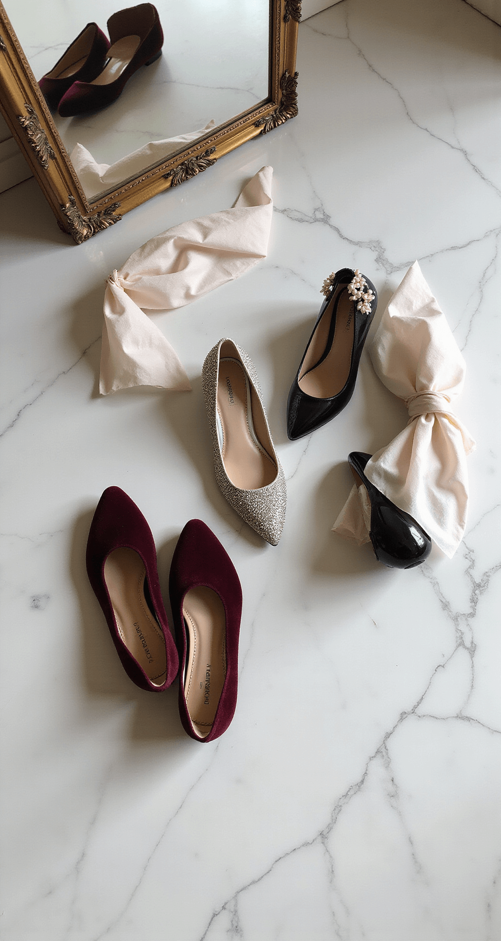 Wedding Guest Shoes: Your Ultimate Flat lay of wedding guest shoes on a white marble floor, featuring burgundy velvet smoking slippers, silver crystal-embellished flats, and classic black pumps with pearl details, illuminated by soft morning light through a vintage mirror, with elegant packaging and tissue paper adding texture.