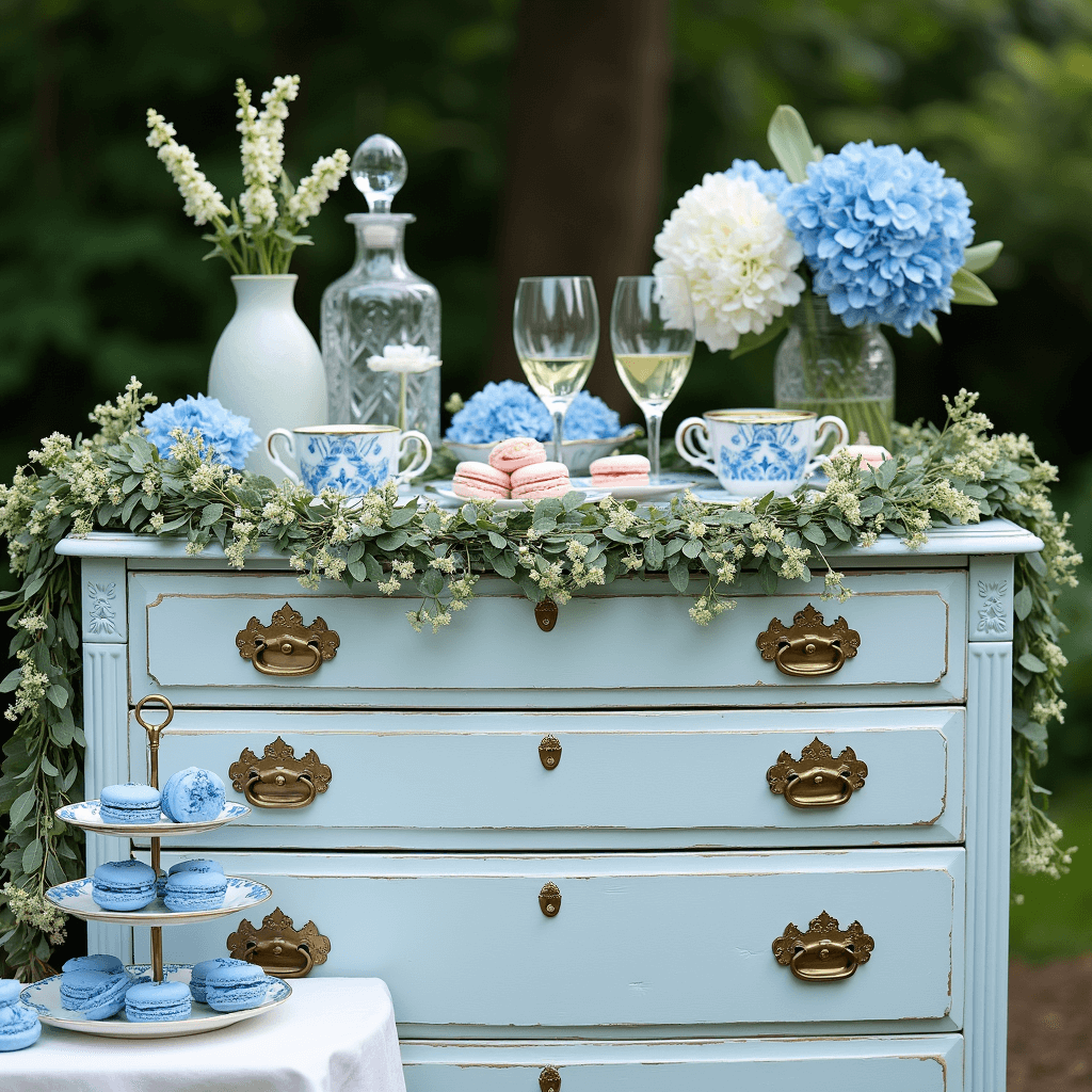Blue Wedding Flowers: Your Ultimate Style Guide to Serene & Stunning Blooms A whimsical garden bridal shower vignette featuring a vintage dresser mimosa bar adorned with cut crystal decanters, gold-rimmed coupes, and a lush garland of blue hydrangeas and muscari. Mismatched blue and white china teacups filled with single stem blue flowers surround the dresser, while a tiered cake stand showcases blue and blush macarons, all captured in close-up to emphasize the intricate details and dreamy color palette.