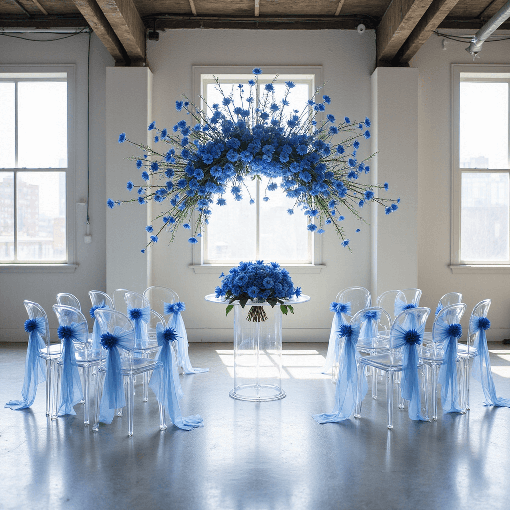 Blue Wedding Flowers: Your Ultimate Style Guide to Serene & Stunning Blooms A modern minimalist ceremony space featuring a dramatic floral installation of blue delphiniums and thistles suspended mid-air, with ghost chairs arranged in a semi-circle, each adorned with a single stem of blue delphinium and silk ribbon, all set on a polished concrete floor under floor-to-ceiling windows, with an overhead view emphasizing the circular layout and striking floral focal point.