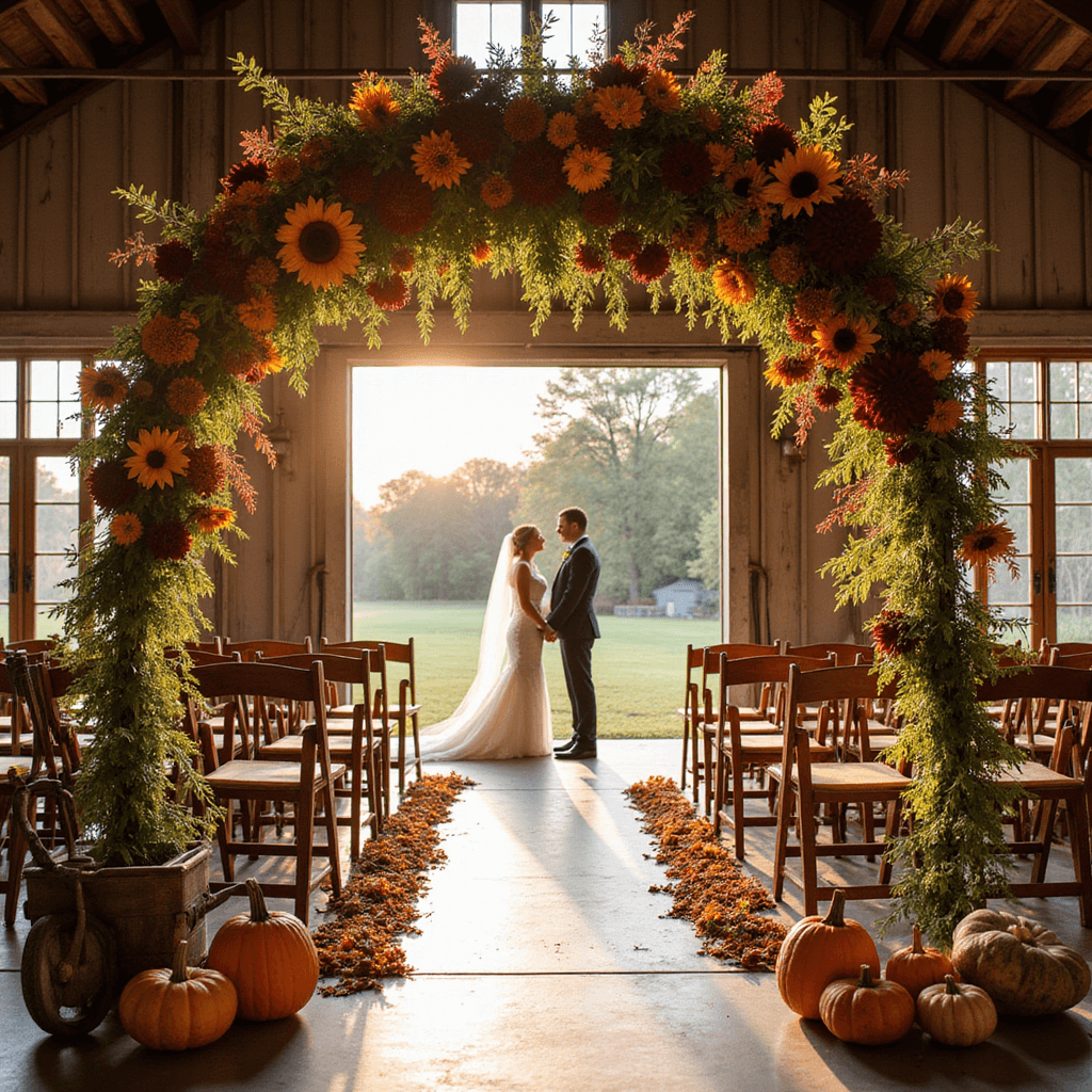 Fall Wedding Flowers: Your Ultimate Guide to Autumn Floral Magic A wide-angle shot of a golden hour outdoor wedding ceremony in a rustic barn, featuring rows of wooden chairs adorned with burgundy dahlias and sunflowers, a grand floral arch with autumn blooms, and a vintage cart with pumpkins and gourds in the foreground.