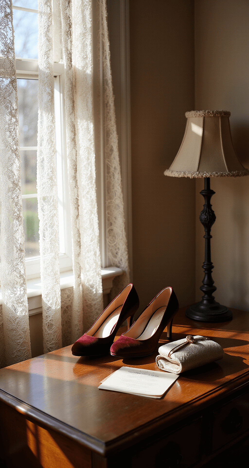 Wedding Guest Shoes: Your Ultimate A cozy fall wedding preparation scene featuring rich jewel-toned velvet pumps and metallic heels on an antique dresser, illuminated by autumn afternoon light filtering through lace curtains, with a wedding invitation and clutch bag adding elegance amidst textured velvet and brocade elements.