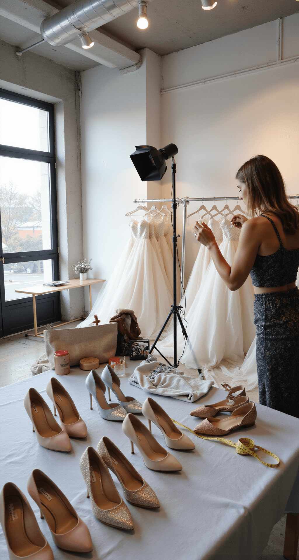Wedding Guest Shoes: Your Ultimate Behind-the-scenes view of a modern bridal boutique featuring a styling session with wedding guest shoes arranged by season, illuminated by a mix of professional lighting and natural skylight, showcasing spring/summer pastels and fall/winter deeper tones, with styling tools and measurement tape visible.