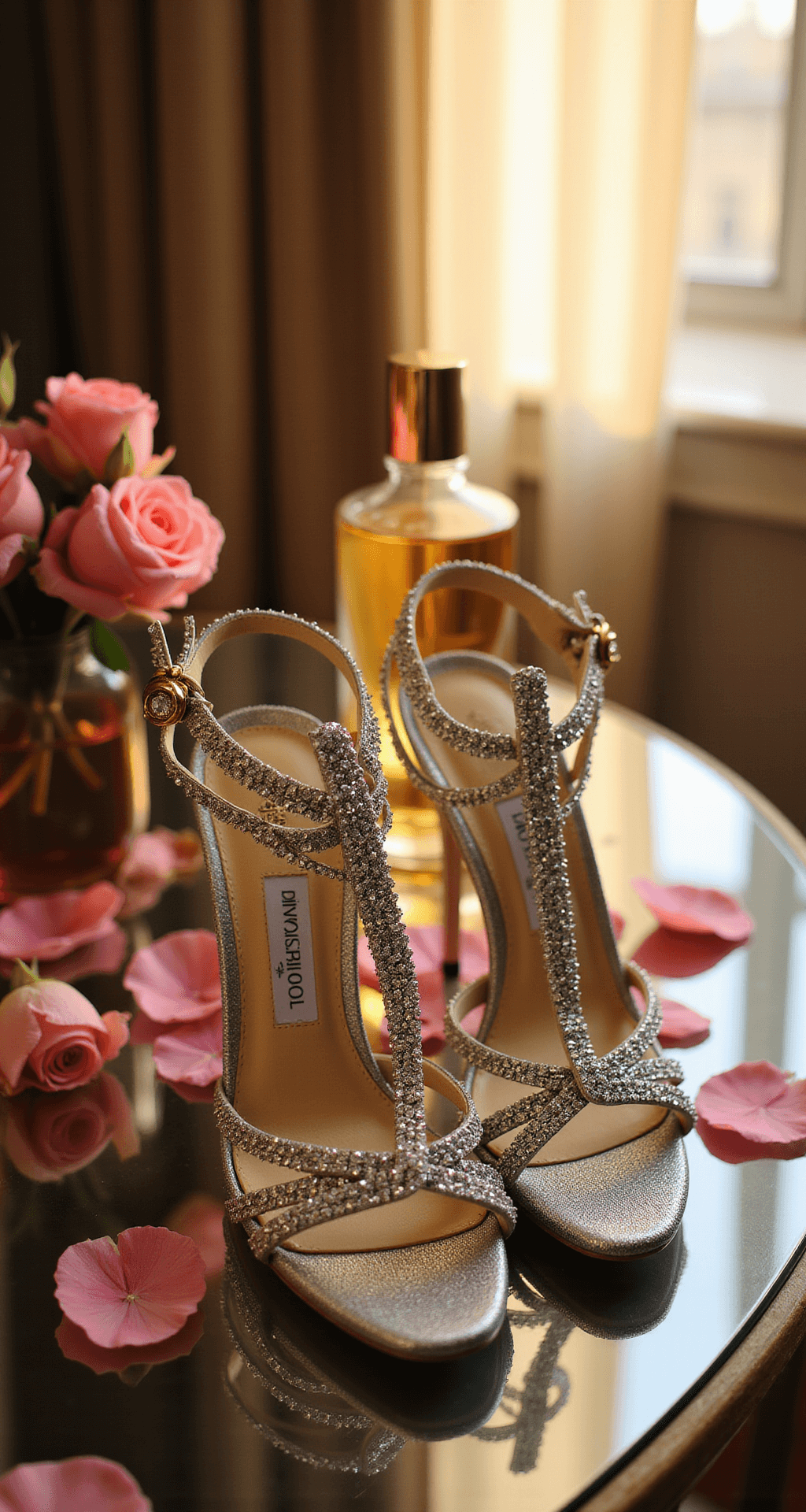THE ULTIMATE GUIDE TO JIMMY CHOO WEDDING SHOES: MAKING YOUR WALK DOWN THE AISLE UNFORGETTABLE Close-up of silver Jimmy Choo Verity 100 sandals on a mirrored vanity, surrounded by rose petals and vintage perfume bottles, illuminated by warm golden hour light that highlights their crystalline embellishments.