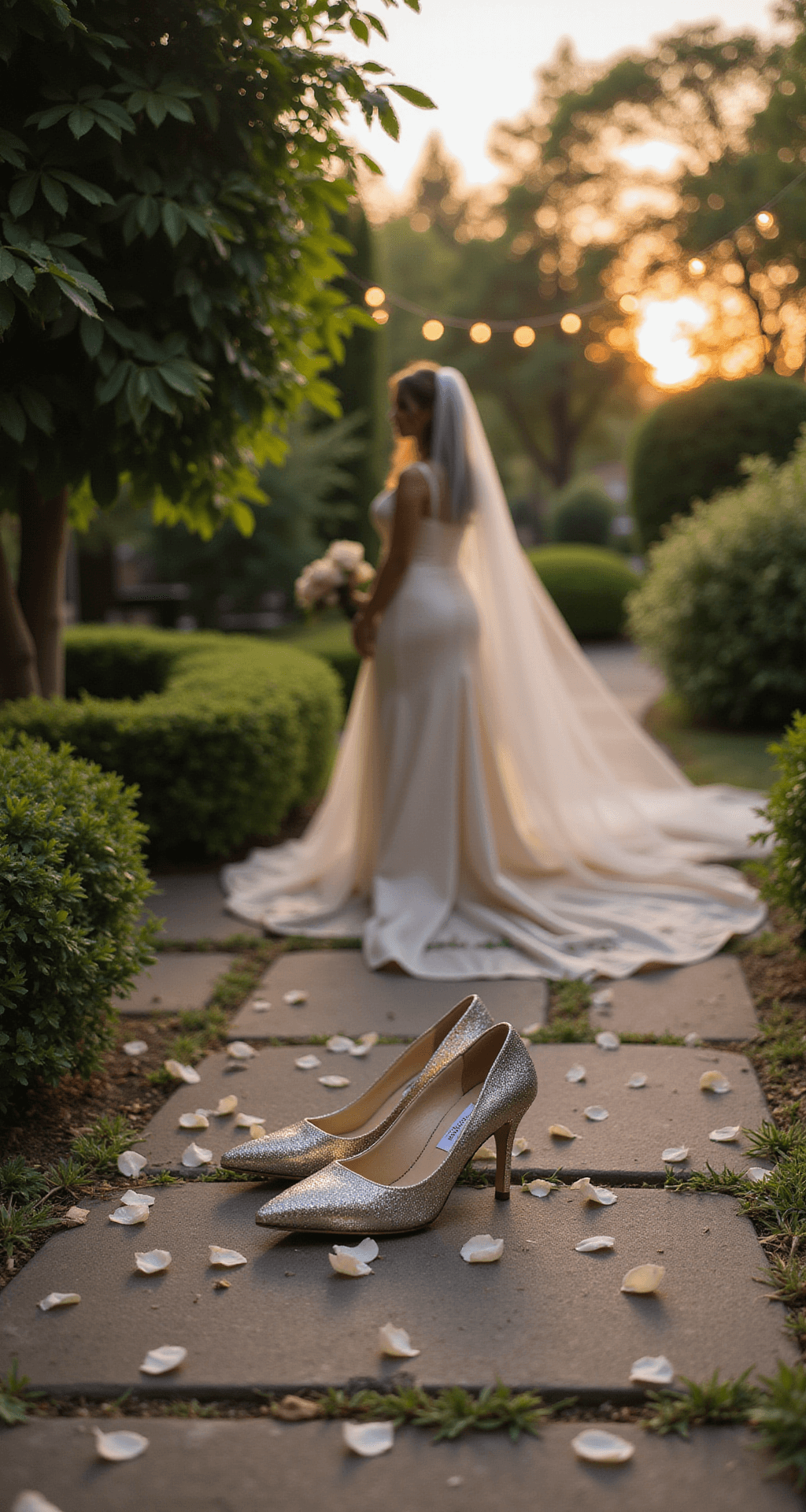 THE ULTIMATE GUIDE TO JIMMY CHOO WEDDING SHOES: MAKING YOUR WALK DOWN THE AISLE UNFORGETTABLE A low-angle view of a bride in a flowing silk gown wearing Jimmy Choo Scarlett 50 heels, standing on a stone pathway sprinkled with white rose petals, surrounded by lush greenery and illuminated by soft bokeh from string lights at sunset.
