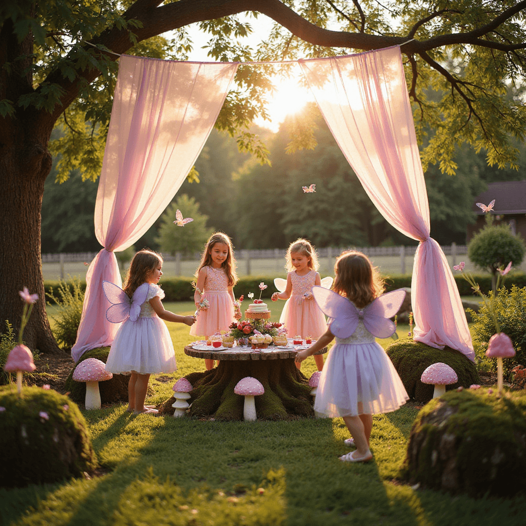 Magical Fairy Birthday Party: Enchanting Celebration Guide A whimsical fairy-themed birthday party in a sunlit garden, featuring twinkling fairy lights, pastel tulle draped from branches, a dessert table with glitter-dusted cupcakes, and children in handmade fairy wings dancing around oversized toadstools, all bathed in warm golden hour light.