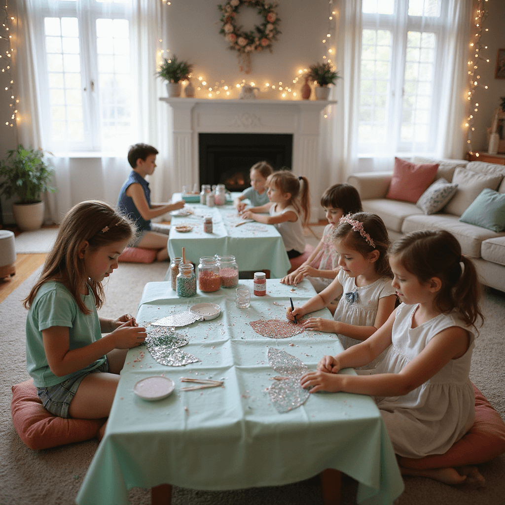 Magical Fairy Birthday Party: Enchanting Celebration Guide A cozy living room transformed into a fairy wing workshop, with children decorating wings on mint green tables, surrounded by glitter, sequins, and soft morning light. Close-up of small hands applying glitter to delicate wings, showcasing their creativity and concentration.