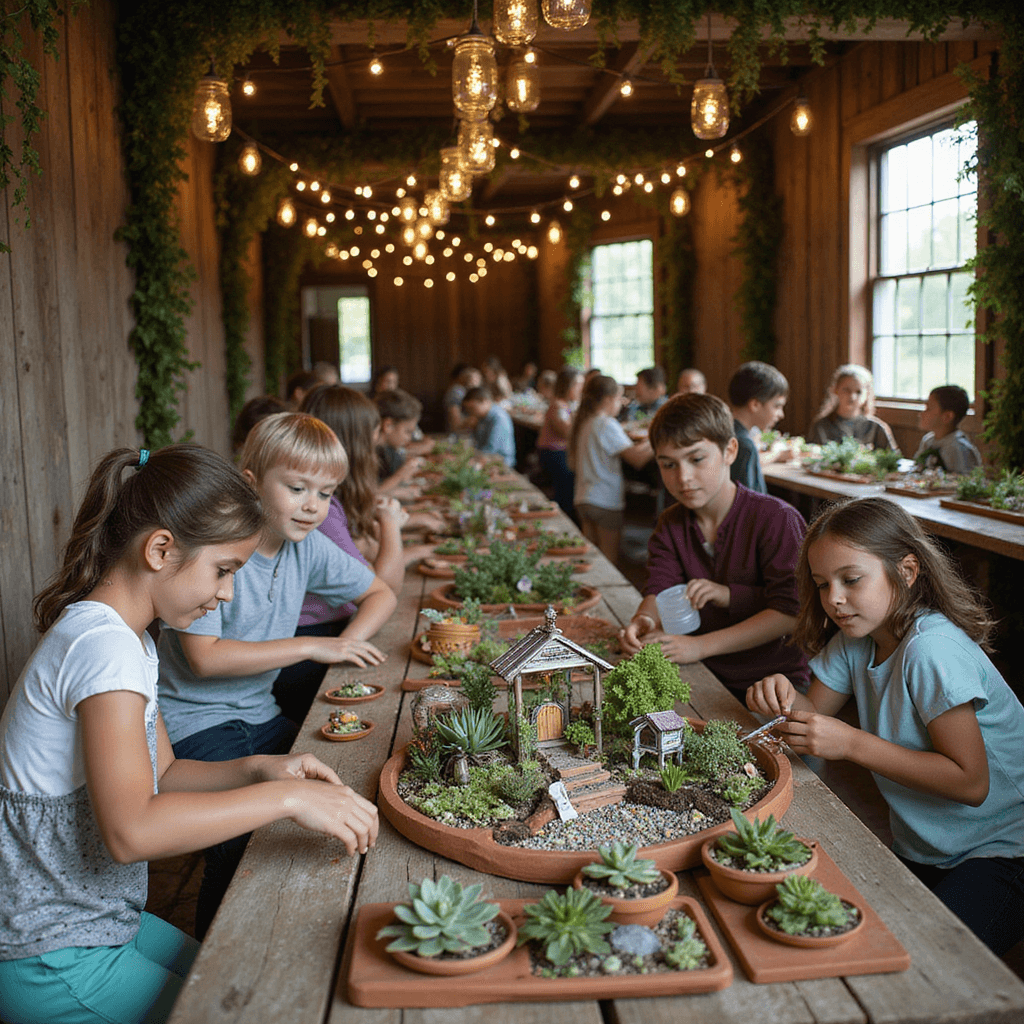 Magical Fairy Birthday Party: Enchanting Celebration Guide A vibrant barn scene showcasing children assembling fairy gardens with tiny succulents and colorful pebbles on rustic wooden tables, illuminated by warm firefly lights in mason jars, surrounded by weathered wood and lush greenery.