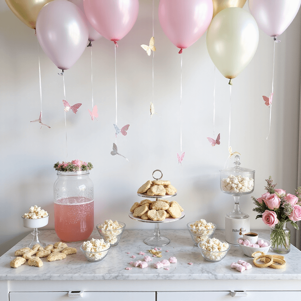 Magical Fairy Birthday Party: Enchanting Celebration Guide An overhead view of a fairy-themed dessert display featuring a tiered stand of butterfly cookies, glass bowls of 'fairy dust' popcorn, and a crystal punch dispenser with pink lemonade, all set on a marble countertop in a modern apartment. Iridescent balloons with paper butterfly accents float above, alongside a DIY flower crown station for guests. The arrangement showcases geometric patterns and soft pastel colors against a white backdrop.