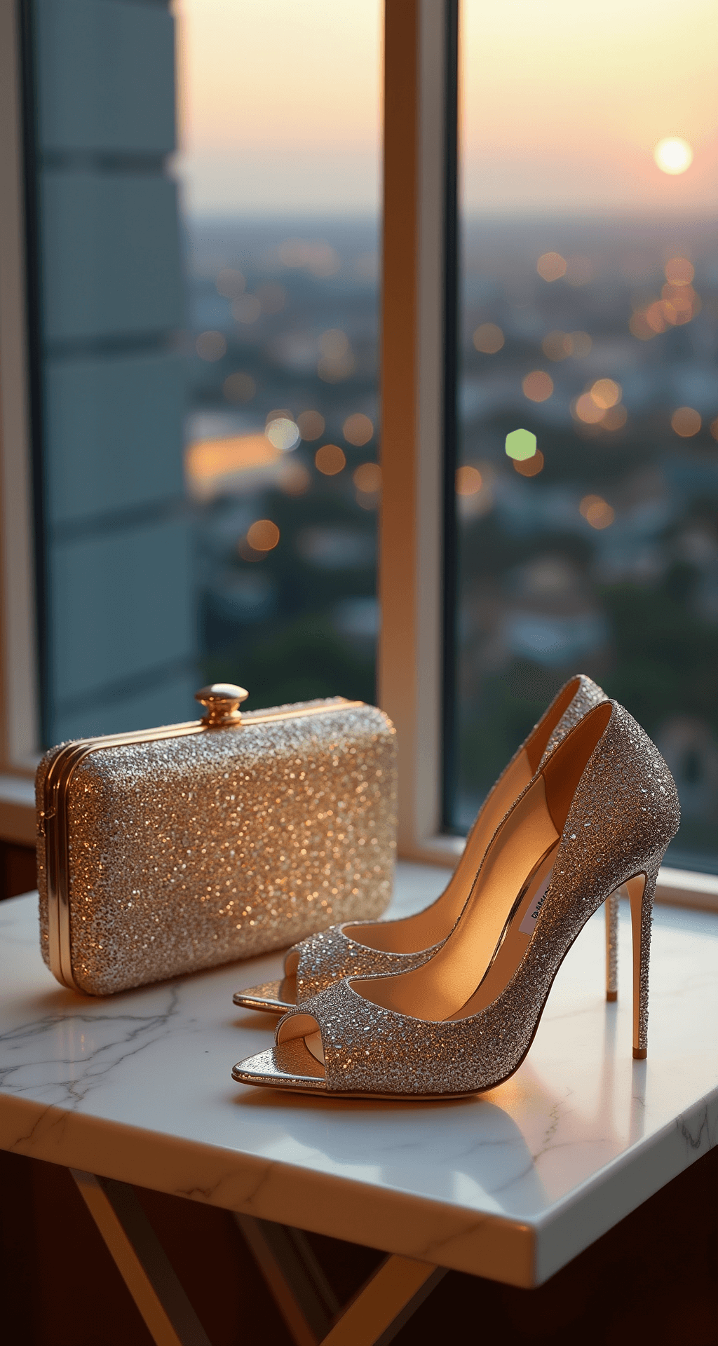 THE ULTIMATE GUIDE TO JIMMY CHOO WEDDING SHOES: MAKING YOUR WALK DOWN THE AISLE UNFORGETTABLE A stunning contemporary hotel balcony at dusk, featuring matching Jimmy Choo bridal shoes and a clutch on a white marble table. The shoes, adorned with metallic accents and crystal details, catch the last rays of sunlight, while city lights twinkle in the background, all captured with dramatic depth of field.