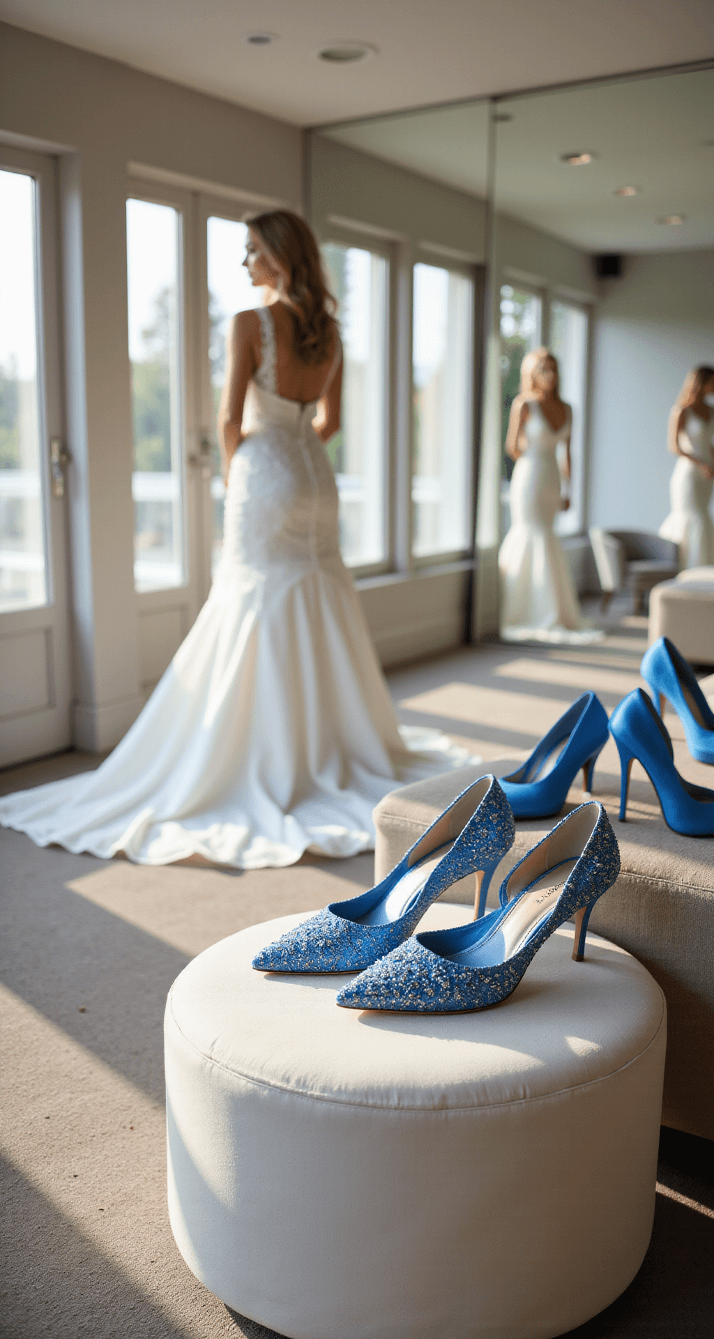 Blue Wedding Shoes: Your Perfect "Something Blue" A bride in a flowing white wedding gown stands in a luxurious bridal boutique fitting room, illuminated by natural light from large windows. She gazes into a triple mirror, showcasing her crystalline blue Bella Belle heels adorned with intricate beading and lace. Nearby, a plush cream ottoman displays various blue wedding shoes, including royal blue stilettos and powder blue flats, softly blurred in the background.