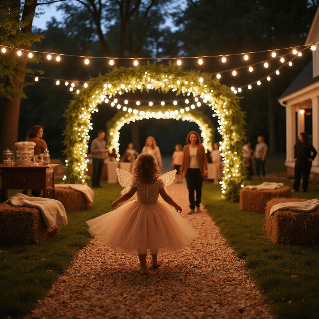 Magical Fairy Birthday Party: Enchanting Celebration Guide A whimsical twilight scene of a children's fairy costume parade in an enchanted backyard, with twinkling lights overhead, a flower petal runway, and parents on hay bales, as a laughing child spins in a dazzling costume, wings aglow from the soft lighting.