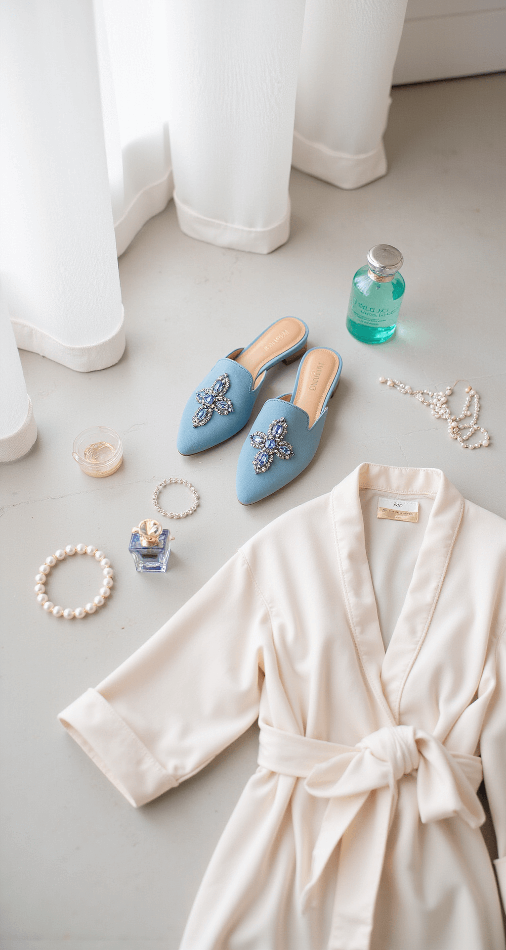 Blue Wedding Shoes: Your Perfect "Something Blue" A styled flat lay featuring Something Bleu's Elvie Mules in powder blue suede, surrounded by pearl jewelry, vintage perfume bottles, and a cream silk robe, set on marble flooring with white walls illuminated by soft morning light through sheer curtains.
