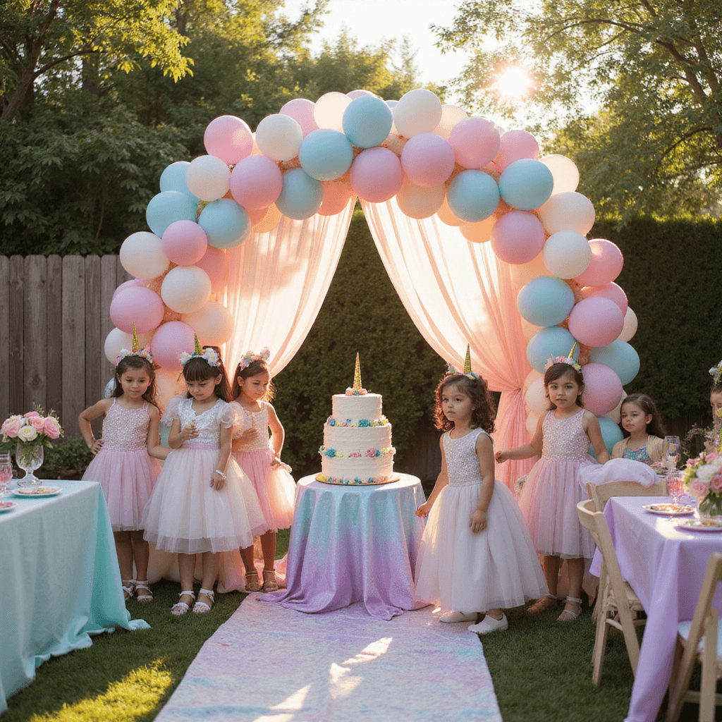 Ultimate Girl Birthday Party Ideas: Create Magical Memories That Shine! A vibrant backyard birthday party themed around unicorns, featuring a pastel balloon arch, iridescent tables, glittering unicorn centerpieces, a tiered cake with a golden unicorn topper, and children wearing shimmering horn headbands, all illuminated by warm late afternoon light.