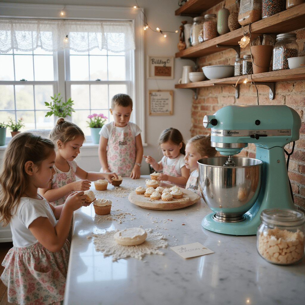 Ultimate Girl Birthday Party Ideas: Create Magical Memories That Shine! A colorful baking birthday party in a sunny kitchen, featuring children in floral aprons decorating cupcakes with frosting, surrounded by pastel mixing bowls, a vintage KitchenAid mixer, and Mason jars filled with cookie cutters, all illuminated by warm fairy lights.