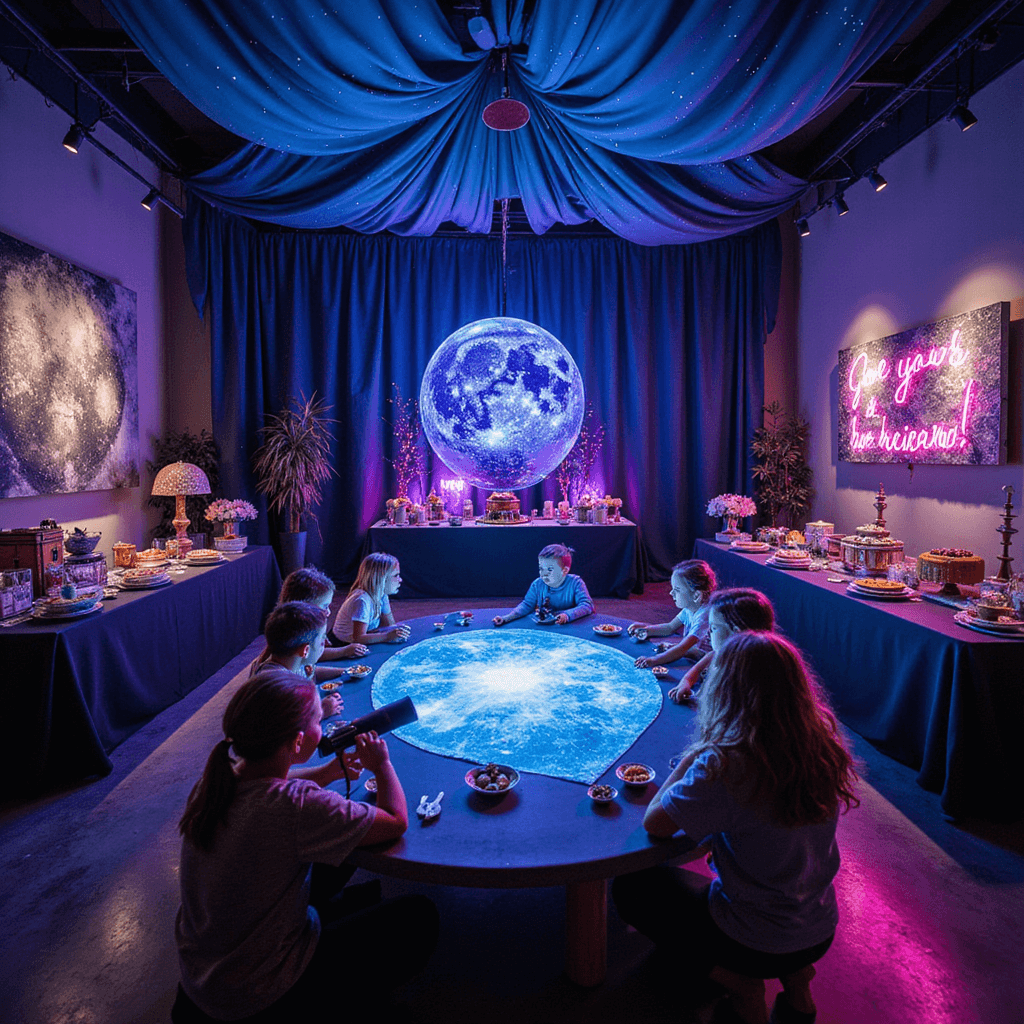 Ultimate Girl Birthday Party Ideas: Create Magical Memories That Shine! A vibrant Galaxy Explorer party in a modern loft with deep blue and purple fabrics, LED stars, and interactive stations for cosmic slime and constellation art. A stunning floating cake and planet cake pops adorn the dessert table, while children gather around a low table with moon lamps and telescopes, exploring an augmented reality star map in a glowing, space-themed atmosphere.