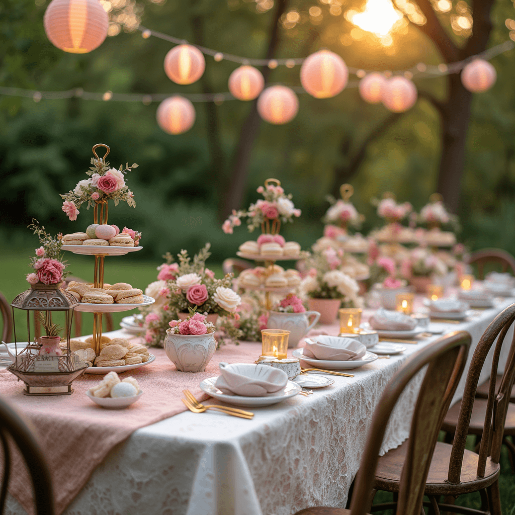 Ultimate Girl Birthday Party Ideas: Create Magical Memories That Shine! A whimsical outdoor tea party in a lush garden, featuring mismatched vintage chairs around a lace-draped table with fine china, tiered stands of sandwiches and macarons, flower crowns, and warm golden hour lighting.