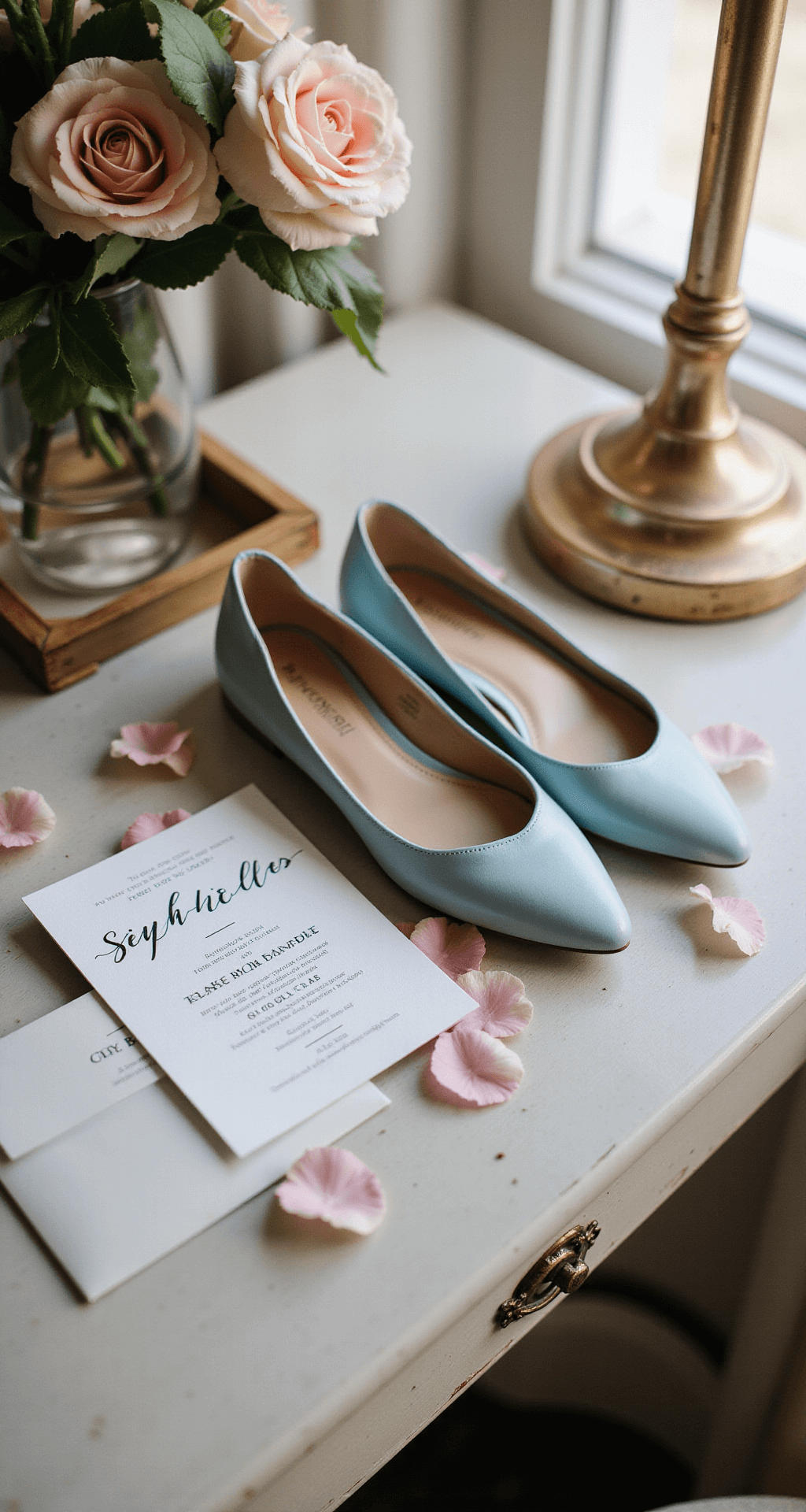 Blue Wedding Shoes: Your Perfect "Something Blue" Close-up of Seychelles Take My Hand D'Orsay flats in baby blue on an antique vanity, surrounded by scattered rose petals and a wedding invitation suite, with soft, diffused window light casting elegant shadows.