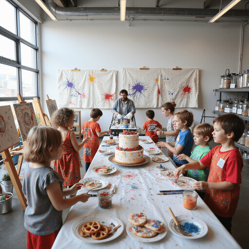 Ultimate Girl Birthday Party Ideas: Create Magical Memories That Shine! A vibrant art-themed celebration in a bright studio with easels showcasing colorful canvases, a collaborative mural wall, and paint supplies. Kids in doodle-covered smocks engage in various creative activities around a paint-splattered cake and palette-shaped treats, all set against white walls and concrete floors.