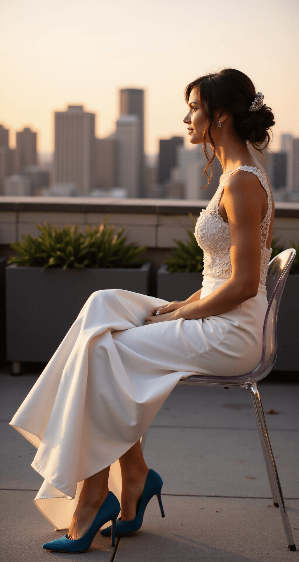 Blue Wedding Shoes: Your Perfect "Something Blue" Bride in Blue by Betsey Johnson heels with signature blue soles, sitting on a ghost chair at an urban rooftop wedding venue. City skyline in the background bathed in warm golden sunset light, captured from a side angle highlighting the shoes' silhouette.