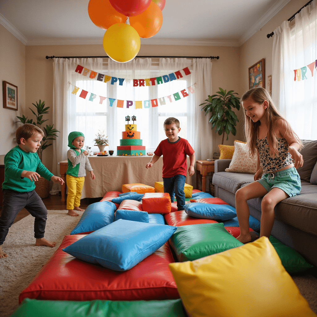 Epic Roblox Birthday Party: The Ultimate Guide for Young Gamers A colorful Roblox-themed birthday party in a cozy living room, featuring a DIY obstacle course made of foam blocks in the foreground, a dessert table with a pixelated banner and birthday cake, bright balloons, and children in costumes playing excitedly.
