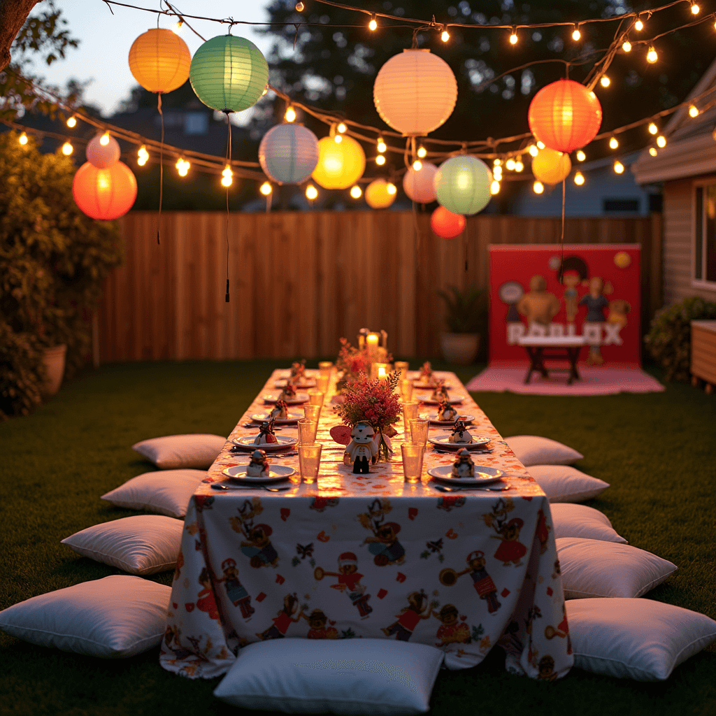 Epic Roblox Birthday Party: The Ultimate Guide for Young Gamers An enchanting backyard scene during golden hour featuring a long picnic table adorned with a Roblox-themed tablecloth, surrounded by low cushions. Strings of fairy lights and colorful paper lanterns hang overhead, while the table showcases themed plates, cups, and centerpieces with miniature Roblox characters. A DIY photo booth with a digital Roblox game backdrop and prop masks is visible nearby, all bathed in soft, warm lighting that highlights the textures and helium-filled balloons at each setting.