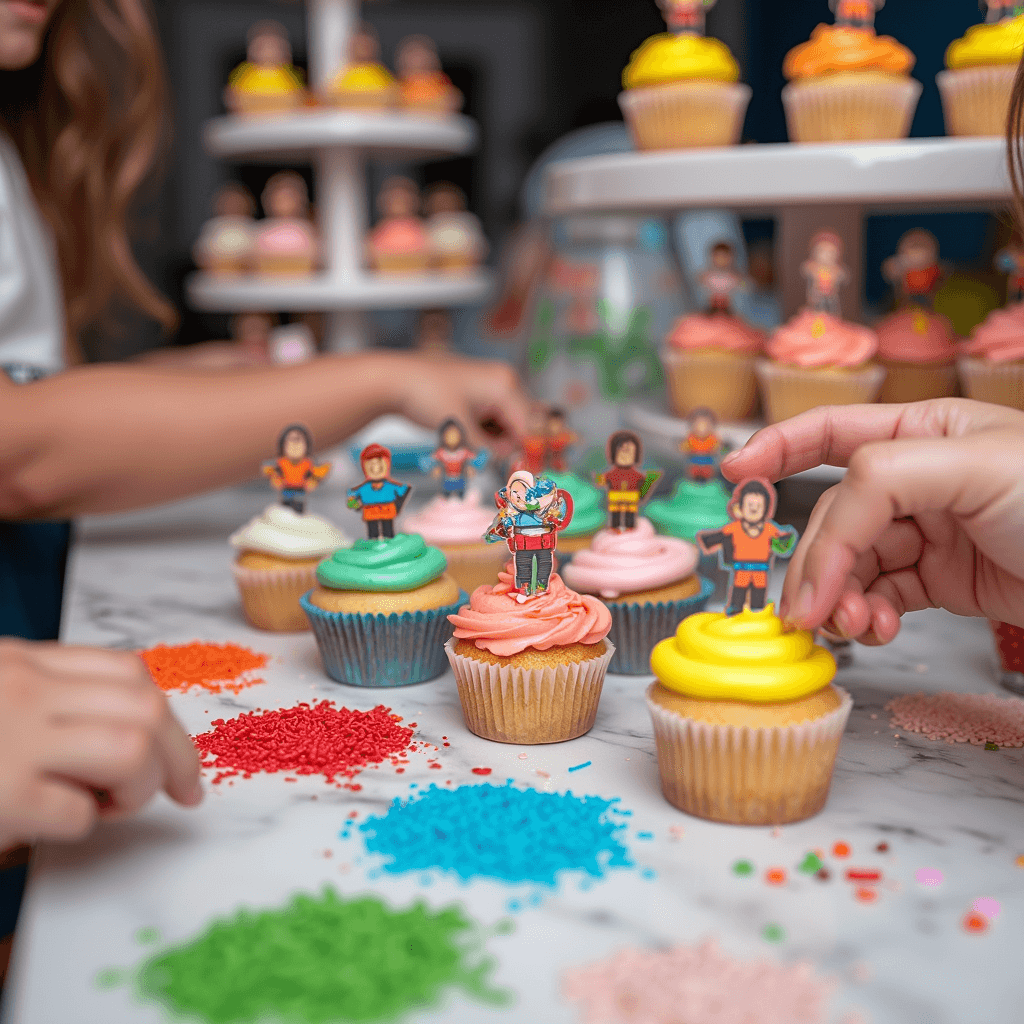 Epic Roblox Birthday Party: The Ultimate Guide for Young Gamers A close-up of a cupcake decorating station at a Roblox birthday party, featuring colorful icing, sprinkles, and themed toppers on a marble countertop, with small hands reaching for decorating tools and pixelated cupcakes on tiered stands. Soft lighting highlights the vibrant details against a blurred backdrop of primary-colored decorations.