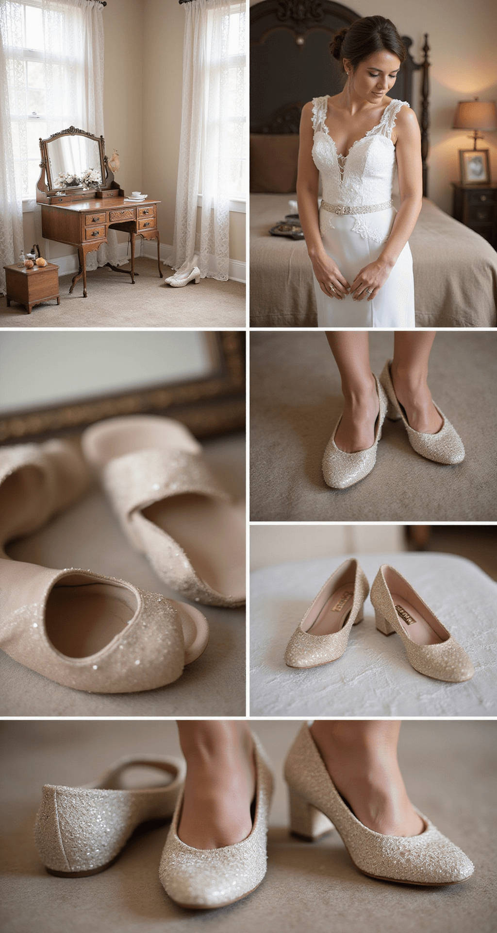 10 Comfy Wedding Shoes That Won't Kill Your Feet (I Promise!) A cozy vintage-inspired bedroom with natural daylight filtering through lace curtains, showcasing a collection of LifeStride wedding shoes on an antique vanity. A bridesmaid tries on champagne-colored block heels, with close-up details highlighting cushioning systems and classic styling in soft, editorial-style photography.