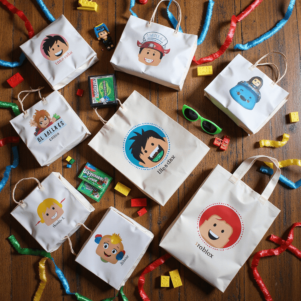 Epic Roblox Birthday Party: The Ultimate Guide for Young Gamers An overhead view of a rustic wood table filled with personalized Roblox party favor bags featuring various characters, overflowing with pixel sunglasses, character figurines, and colorful candy blocks, surrounded by DIY printable Roblox bucks, small building block sets, and bordered by vibrant streamers.