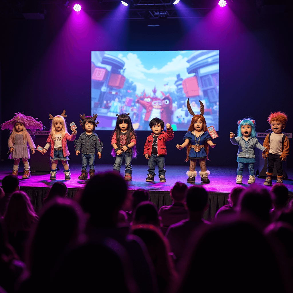 Epic Roblox Birthday Party: The Ultimate Guide for Young Gamers A dramatic low-angle shot of children in elaborate Roblox character costumes on a stage at a birthday party, with a large screen showcasing Roblox game scenes behind them. Moody lighting with neon accents highlights the costumes, while judges' tables with themed scorecards are on the sides. Excited party guests cheer in the foreground, slightly blurred to emphasize the contestants.