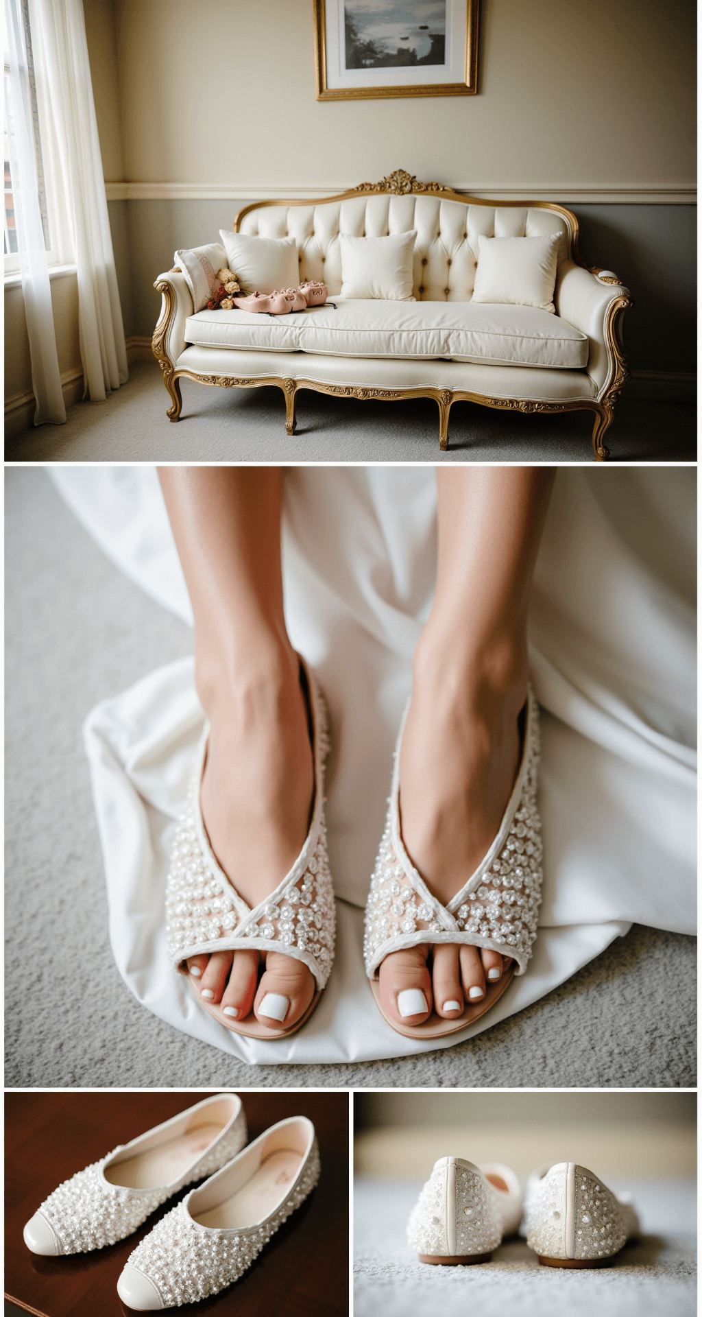 10 Comfy Wedding Shoes That Won't Kill Your Feet (I Promise!) An intimate boudoir scene bathed in soft morning light showcases a collection of bridal flats adorned with pearls and lace on a vintage French settee. A bride in a silk getting-ready robe wears one pair, while macro shots highlight the delicate crystal details, enhancing the romantic ambiance.