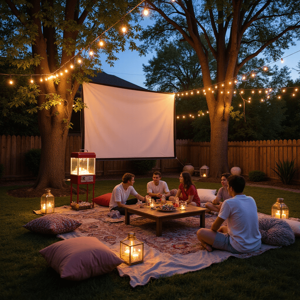 Epic Teen Birthday Party Guide: Creating Unforgettable Memories and Instagram-Worthy Moments An outdoor movie night setup for a teen's birthday, featuring a white screen lit by sunset, surrounded by fairy lights, cozy blankets, and oversized pillows on the grass, with teens lounging on cushions, a vintage popcorn machine, and a candy bar amidst lanterns and floating candles, all under twinkling string lights in the twilight sky.