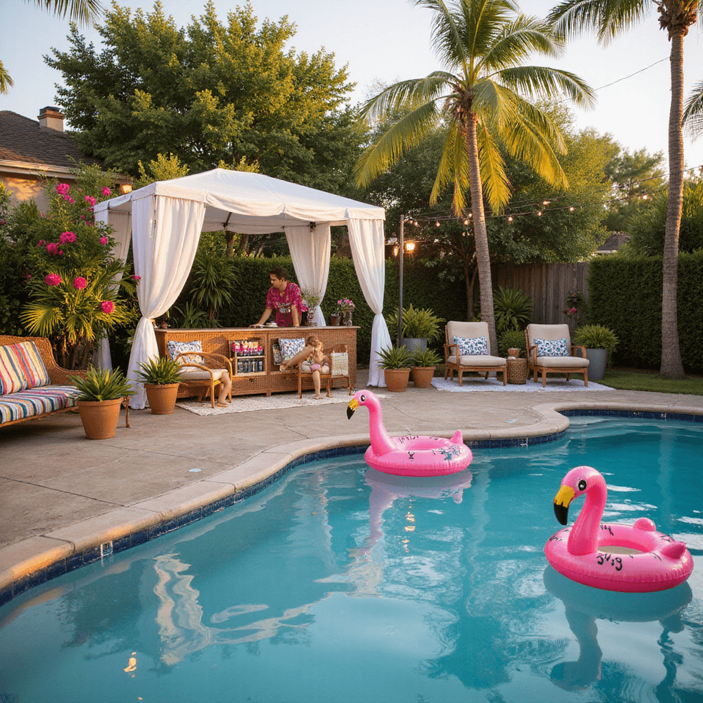Epic Teen Birthday Party Guide: Creating Unforgettable Memories and Instagram-Worthy Moments A vibrant poolside summer birthday party for teens during golden hour, featuring inflatable flamingos, a tropical fruit bar, and lounge areas with beach towels and rattan furniture, all illuminated by fairy lights and tiki torches, captured in warm, soft light.