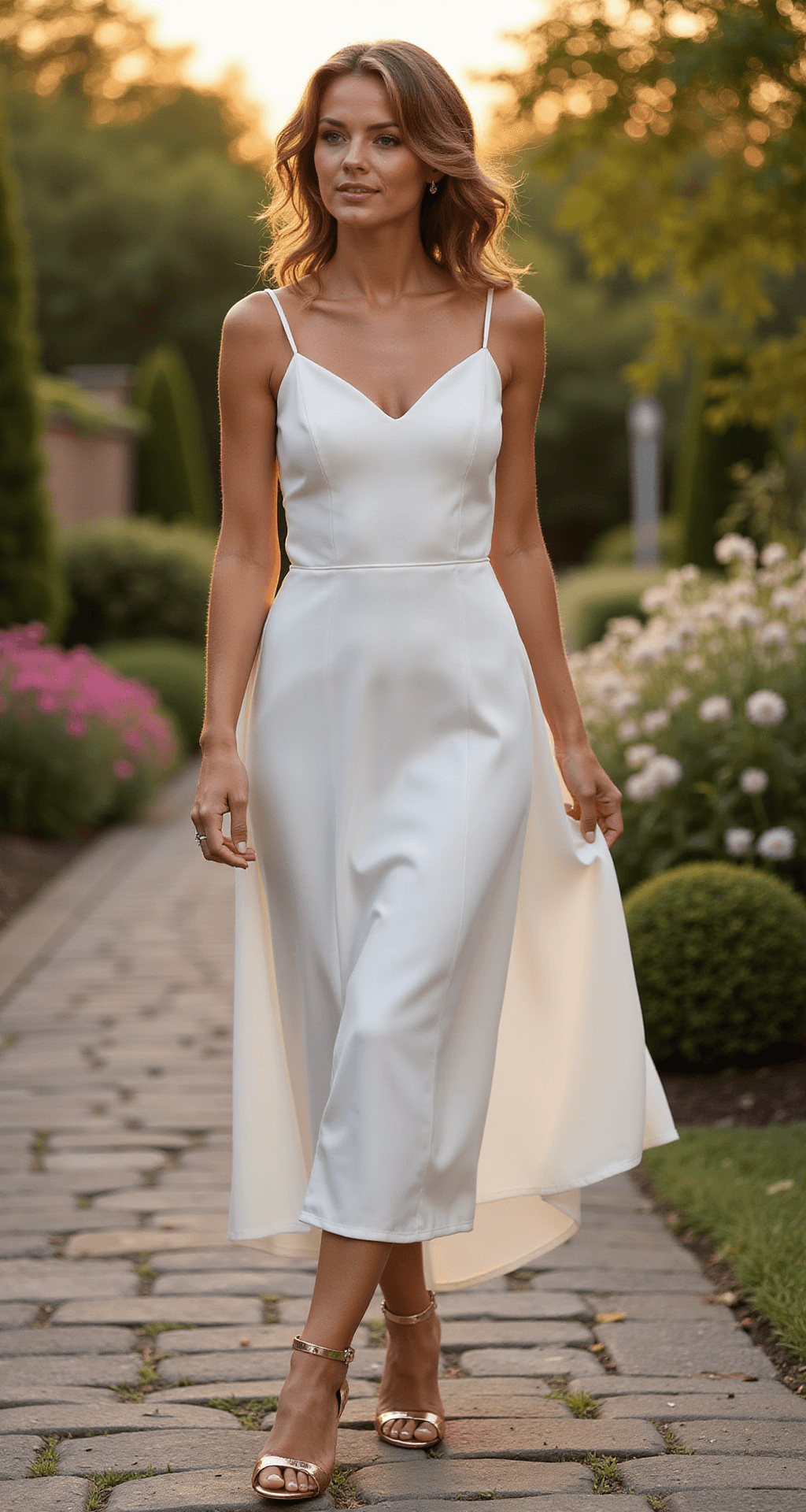 The Perfect Wedding Shoes: Your Complete Guide to Bridal Footwear Bride in a modern slip dress and metallic rose gold block heel sandals walking gracefully on vintage cobblestones in a golden hour garden setting, surrounded by lush greenery and blooming flowers, captured in warm evening light.