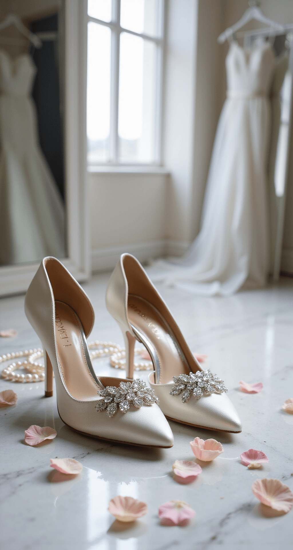 The Perfect Wedding Shoes: Your Complete Guide to Bridal Footwear Close-up of elegant ivory silk kitten heel slingbacks with crystal embellishments, arranged amidst rose petals and a vintage pearl necklace on marble flooring, with a wedding veil in the background and soft natural light creating gentle shadows.