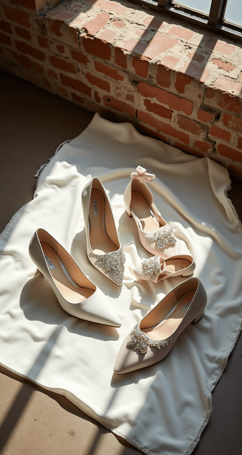 The Perfect Wedding Shoes: Your Complete Guide to Bridal Footwear Flat lay of various Bella Belle wedding shoes on vintage French linen in an industrial-chic loft with exposed brick walls, featuring ivory and blush high heels and low heels, illuminated by natural light from an overhead skylight.