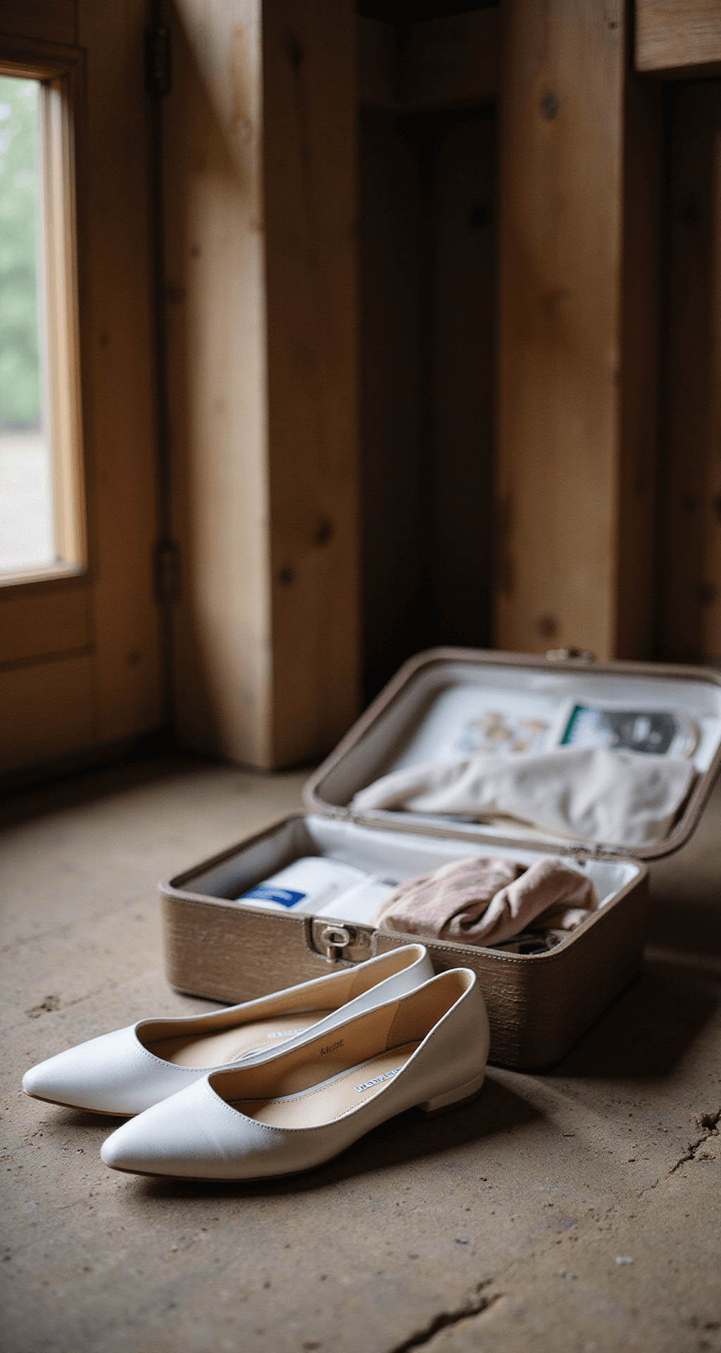 The Perfect Wedding Shoes: Your Complete Guide to Bridal Footwear A rustic barn venue preparation area featuring a bride's emergency kit with backup wedding flats alongside main heels, showcasing a height difference. Soft morning light filters through barn windows, highlighting natural wood textures and delicate shoe details.