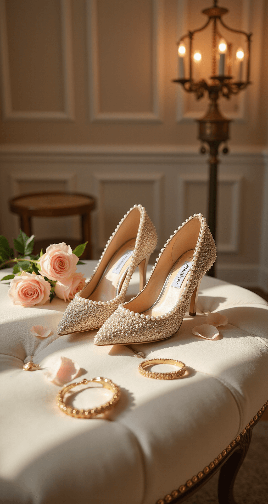 The Perfect Wedding Shoes: Your Complete Close-up of Badgley Mischka heels on a plush cream ottoman in an elegant dressing room, surrounded by rose petals and delicate jewelry, illuminated by warm afternoon light.