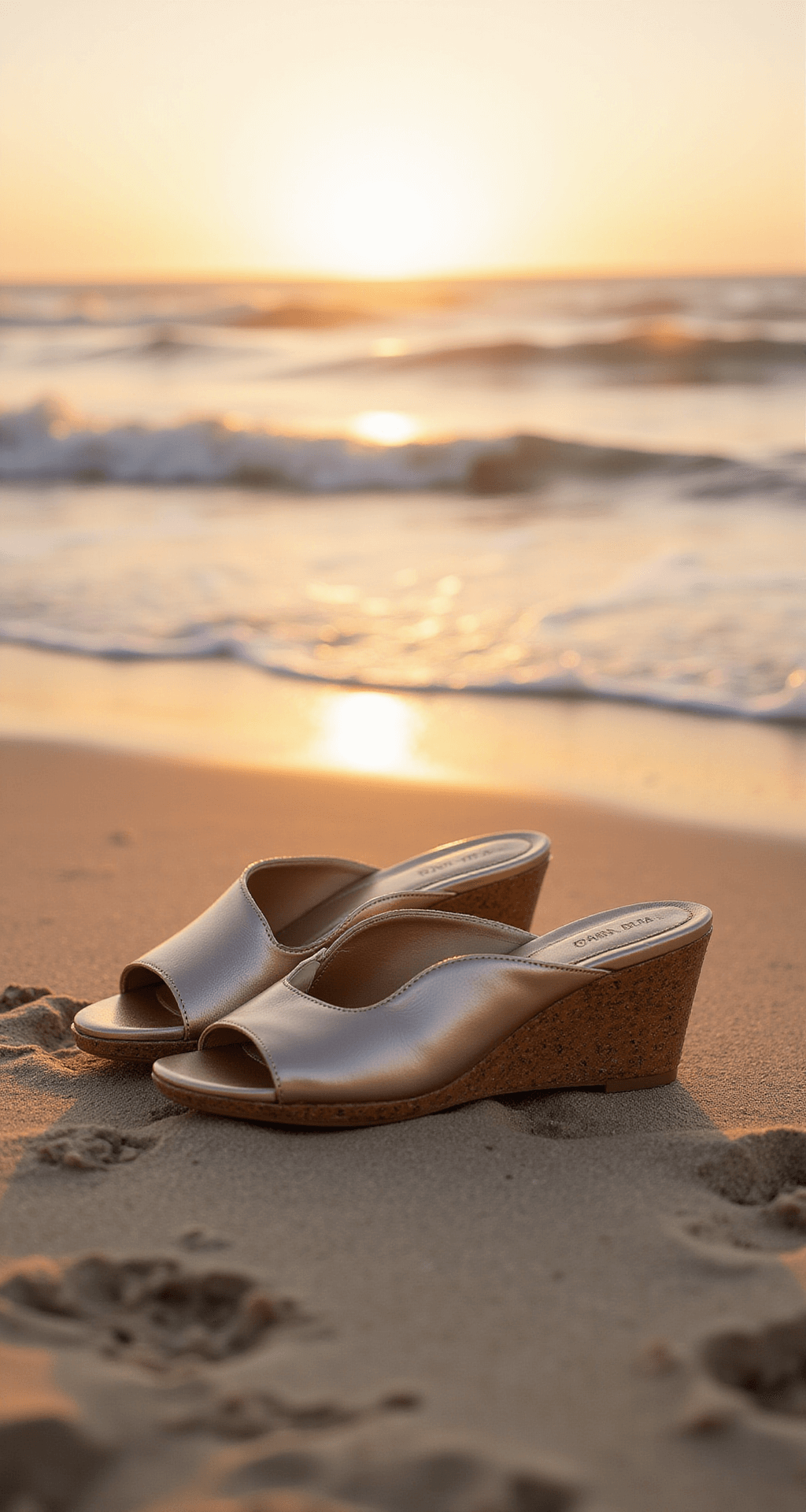 The Perfect Wedding Shoes: Your Complete Close-up of metallic Dolce Vita wedges in pristine sand at a beach wedding during sunset, with ocean waves softly blurred in the background, capturing the golden hour lighting and dreamy atmosphere.