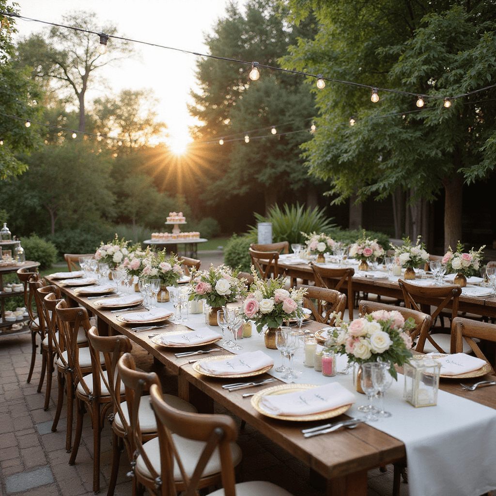 Flowers in Hair for Wedding: Your Ultimate Romantic Style Guide A sun-drenched garden terrace set for an intimate wedding reception, featuring rustic wooden tables with ivory linen runners, blush pink and cream floral centerpieces, gold-rimmed place settings, and a dessert cart overflowing with pastel macarons and mini cupcakes, all under delicate string lights as the golden hour approaches.